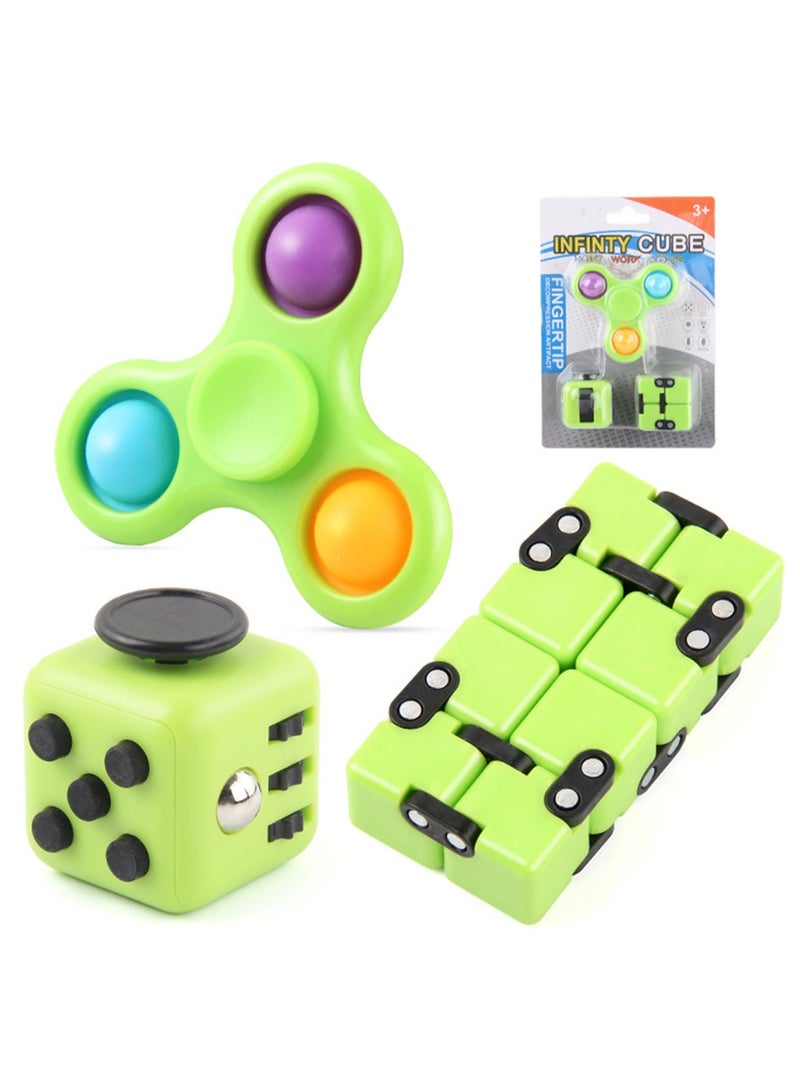 3-piece set of Rubik's Cube Decompression Dice Fidget Spinner Bubble Fun (Green) - Image 1